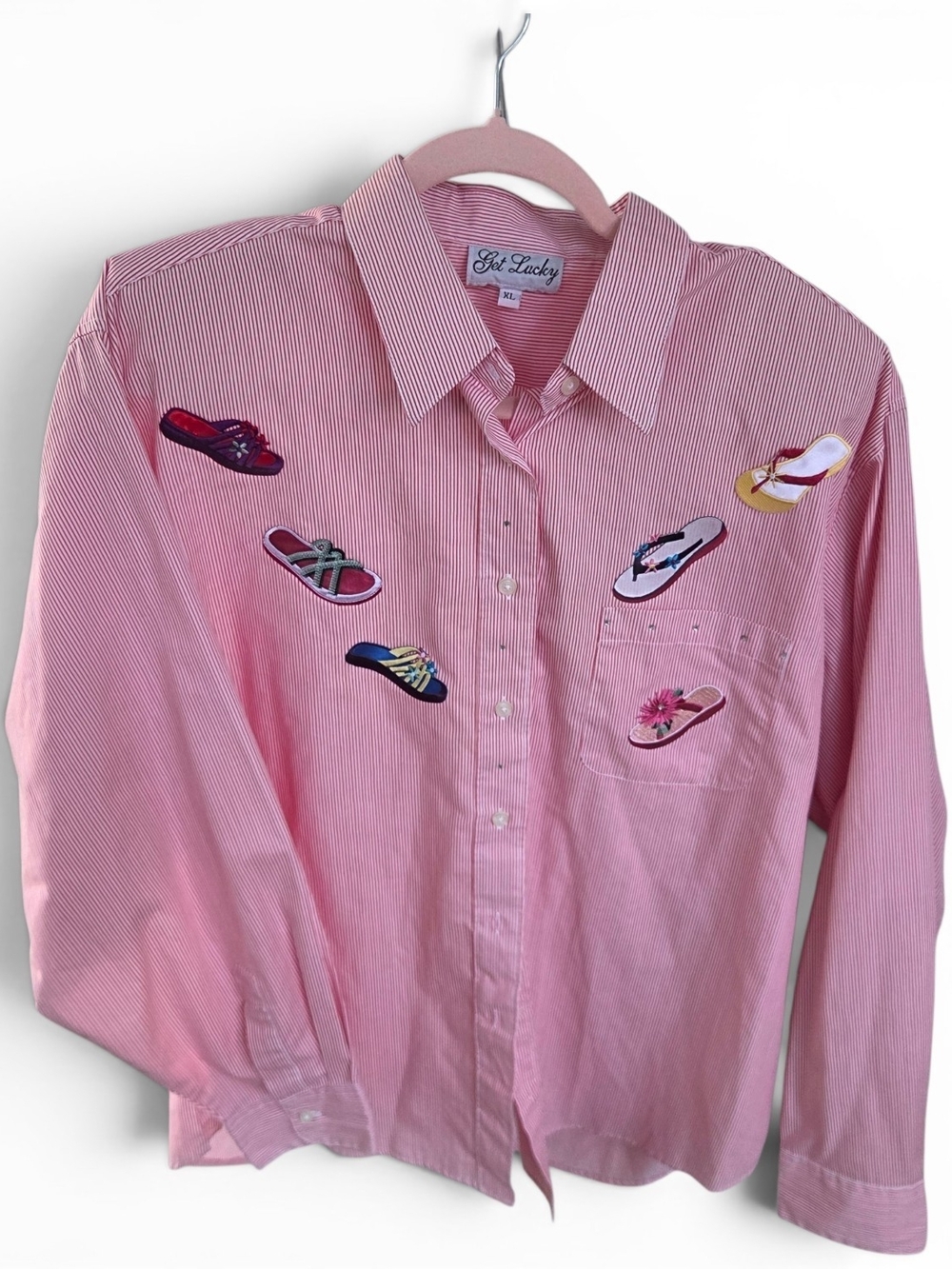 Lucky Brand Pink Striped Button-Down Shirt with Flip-Flop Embroidery Xl